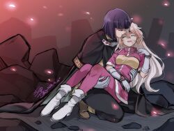  1boy 1girl black_cape black_pants boots brown_boots cape carrying closed_eyes dated debris dirty dirty_clothes dirty_face earrings gloves highres jewelry kneeling lina_inverse long_hair pants pink_pants pink_shirt princess_carry purple_hair senki_xl shirt short_hair signature slayers violet_eyes white_boots white_gloves xelloss 