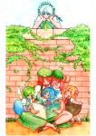  acrylic_paint_(medium) adult animal_ears beret blonde_hair blue_hair book brick_wall cat_ears cat_tail chen child cirno closed_eyes colored_pencil_(medium) crossed_arms daiyousei eyes_closed green_hair hat highres hong_meiling izayoi_sakuya knife long_hair maid_headdress multiple_girls reading red_hair redhead rumia short_hair sitting sitting_on_lap sitting_on_person tail terajin touhou traditional_media weapon wings youkai 