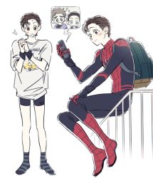  3boys blue_eyes bodysuit brown_eyes brown_hair chibi closed_mouth male_focus marvel marvel_cinematic_universe multiple_boys peter_parker red_bodysuit short_hair skdlfjgrp spider-man spider-man:_no_way_home spider-man_(series) superhero_costume 