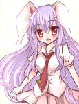  animal_ears blush bunny_ears carrot long_hair ncatabc necktie open_mouth pink_eyes purple_hair reisen_udongein_inaba simple_background skirt solo touhou white_background 