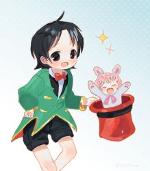  2girls adeleine alternate_costume animal_costume animal_ears black_hair black_shorts bow bowtie closed_eyes coat fini_hoover green_coat hat highres holding kirby_(series) kirby_64 magician multiple_girls open_mouth pink_hair pink_ribbon rabbit_costume rabbit_ears red_bow red_bowtie ribbon ribbon_(kirby) short_hair shorts smile sparkle top_hat 