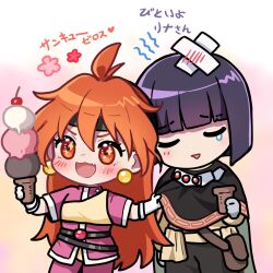  1boy 1girl black_cape black_pants blush brown_bag cape cherry closed_eyes cowboy_shot crossed_bandaids earrings fang food fruit gloves highres holding holding_ice_cream_cone ice_cream ice_cream_cone jewelry lina_inverse long_hair open_mouth orange_eyes orange_hair pants pink_pants pink_shirt pouch purple_hair senki_xl shirt short_hair slayers sparkling_eyes teardrop white_gloves xelloss 