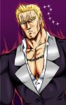  blonde_hair chain chains dress_shirt formal grey_eyes hajime_araiso hokuto_no_ken idolmaster idolmaster_2 ijuuin_hokuto ijuuin_hokuto_(cosplay) namesake open_clothes open_shirt pun raoh shirt simple_background star suit 