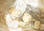  alluka_zoldyck androgynous black_hair brothers closed_eyes dollyly21 eyes_closed hunter_x_hunter killua_zoldyck multiple_boys siblings sleeping smile under_covers white_hair young 