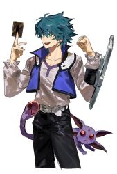 1boy black_pants blue_vest card cowboy_shot crystal_beast_ruby_carbuncle duel_disk green_eyes green_hair highres holding holding_card johan_andersen male_focus medium_hair pants shirt simple_background solo_focus thunder_daifuku trading_card vest white_background white_shirt yu-gi-oh! yu-gi-oh!_gx 