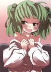  bare_shoulders blush commentary_request gaoo_(frpjx283) green_eyes green_hair hair_bobbles hair_ornament highres kisume off_shoulder open_mouth short_hair smile solo touhou twintails undressing 