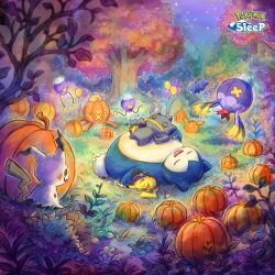  autumn_leaves balloon banette black_hat closed_eyes clothed_pokemon drifblim drifloon fangs floating grass halloween hat jack-o&#039;-lantern leaf lying mimikyu night night_sky no_humans official_art on_back on_side open_mouth outdoors pikachu poke_ball_theme pokemon pokemon_(creature) pokemon_focus pokemon_sleep pumpkin shuppet sky sleeping smile snorlax sowsow star_(sky) third-party_source tree witch_hat 