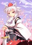  1girl animal_ears breasts bridal_gauntlets cherry_blossoms cloud detached_sleeves female frown hands_on_hilt hat highres inubashiri_momiji miracle_hinacle petals red_eyes sash serious short_hair skirt sky solo sword tail tokin_hat touhou weapon white_hair wolf_ears wolf_tail 