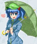  blue_eyes blue_hair breasts colored fang hat highres kawashiro_nitori looking_at_viewer meicha_(drill-biyori) open_mouth smile solo touhou umbrella 