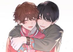  2boys aleo arms_around_neck belt belt_buckle black_hair black_jacket brown_belt brown_hair buckle character_request check_copyright closed_eyes collared_jacket commentary copyright_request hawaiian_shirt hug inoue_shouma jacket kamen_rider kamen_rider_gavv_(series) lapels long_sleeves lower_teeth_only male_focus multiple_boys open_mouth parted_hair popped_collar red_jacket shirt teeth upper_body wavy_hair wrist_belt 