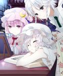  apron bare_shoulders blanket book braid closed_eyes cup eyes_closed izayoi_sakuya lavender_hair library long_hair maid_headdress multiple_girls patchouli_knowledge purple_eyes purple_hair remilia_scarlet short_hair silver_hair sleeping smile teacup touhou twin_braids violet_eyes voile yamada_ranga 