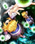  :&lt; absurdres blonde_hair clone danmaku dual_persona green_eyes highres mizuhashi_parsee multiple_girls outstretched_hand pointy_ears skirt spell_card touhou umigarasu_(kitsune1963) 