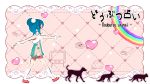  alternate_hairstyle bag blue_eyes blue_hair book cat dog dress hatsune_miku heart highres megahomu mouse rainbow shoes solo television translation_request vocaloid walking wolf young 
