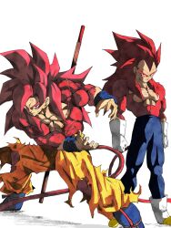 2boys blue_pants body_fur dragon_ball dragon_ball_daima full_body gloves highres long_hair male_focus monkey_tail multiple_boys muscular muscular_male orange_pants pants pato007711 red_eyes red_fur red_hair red_tail ruyi_jingu_bang simple_background son_goku spiky_hair standing super_saiyan super_saiyan_4 tail topless_male torn_clothes torn_pants vegeta white_background white_gloves 
