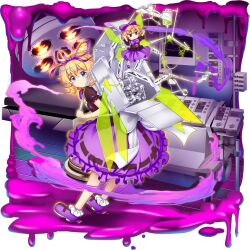  2girls alternate_color alternate_wings backpack bag black_shirt blonde_hair blood blood_bag blue_eyes closed_mouth expressionless full_body game_cg hair_ribbon highres iv_stand looking_at_viewer machine medicine_melancholy medicine_melancholy_(medical_automaton) medium_hair multiple_girls official_art poison purple_ribbon purple_shoes purple_skirt ribbon ribbon-trimmed_skirt ribbon-trimmed_sleeves ribbon_trim rotte_(1109) scalpel shirt shoes short_sleeves skirt socks sparkle su-san syringe third-party_source touhou touhou_lostword transparent_background white_socks wings 