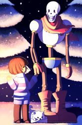  1boy 1other 2016 2d ambiguous_gender animal annoying_dog blush_stickers bone bone_in_mouth boots brown_hair cape child closed_mouth commentary digital_media dog frisk_(undertale) gameplay_mechanics gloves hair height_difference highres human humanoid imminent_hand_holding looking_at_another looking_at_each_other male mammal monster monster_boy neykstar outdoors papyrus_(undertale) pine_tree red_boots red_cape red_gloves short_hair size_difference skeleton smile snow spanish_commentary standing striped_clothes striped_sweater sweater teeth tree undead undertale white_dog 