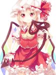  ascot ayarin103 blonde_hair bow flandre_scarlet hat highres red_eyes ribbon short_hair side_ponytail simple_background skirt smile solo the_embodiment_of_scarlet_devil touhou wings wrist_cuffs 