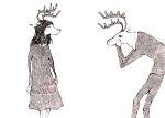  1girl antlers black_hair dress formal monochrome original reindeer reindeer_antlers suit traditional_media white_background yonezu_kenshi 