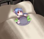  :o bed blanket blue_hair food fruit hat hat_removed headwear_removed hinanawi_tenshi long_hair lying peach pillow ramutaizumu red_eyes satukinosora solo touhou under_covers 