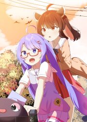  2girls :d adapted_costume ahoge alternate_bangs alternate_costume ascot asymmetrical_bangs bicycle bicycle_basket bird blue_eyes blue_hair blunt_bangs bow bowtie brown_cardigan brown_hair cardigan chaakusu clouds cloudy_sky commentary_request dress eel_hat evening facing_ahead floating_clothes floating_hair frilled_dress frills glasses gradient_clothes gradient_shirt hair_ornament hairclip hands_on_another's_shoulders hat headgear highres large_hat light_blush long_hair looking_ahead low-tied_long_hair medium_hair mortarboard multicolored_skirt multiple_girls multiple_riders open_cardigan open_clothes open_mouth orange_sky otomachi_una otomachi_una_(talkex) outdoors pleated_skirt power_lines red-framed_eyewear red_dress red_eyes riding riding_bicycle sailor_collar sailor_dress sailor_shirt semi-rimless_eyewear shirt short_sleeves skirt sky smile sunlight talkex teeth three_quarter_view touhoku_kiritan tree twintails under-rim_eyewear unworn_hat unworn_headwear upper_teeth_only very_long_hair voiceroid white_ascot white_sailor_collar 