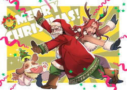  2boys ^_^ animal_costume animal_ears antlers beard bell black_gloves bodysuit boots british_(rance) brown_bodysuit brown_boots christmas christmas_tree christmas_tree_hat closed_eyes coat commentary_request curtained_hair deer_ears facial_hair fake_animal_ears fake_antlers fur-trimmed_bodysuit fur-trimmed_coat fur-trimmed_headwear fur_collar fur_trim glasses gloves green_eyes green_pants hat hayasaka_mebawe ho_laga horns leaning_forward legs_apart long_hair looking_at_viewer looking_to_the_side male_focus merry_christmas multiple_boys mustache old old_man open_mouth outstretched_arms pants rance_(series) red_coat red_hair red_hat red_ribbon reindeer_antlers reindeer_costume ribbon santa_costume santa_hat short_hair smile standing star_(symbol) sunburst tassel teeth tongue tongue_out twitter_username upper_teeth_only white_hair wreath 