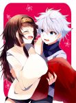  :d ^_^ alluka_zoldyck androgynous bad_id blue_eyes brothers brown_hair carrying closed_eyes eyes_closed hage_ta hairband holding hunter_x_hunter killua_zoldyck long_hair male multi-tied_hair multiple_boys open_mouth red_background short_hair siblings smile trap white_hair 