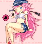  breasts chibi cuffs cutoffs denim denim_shorts final_fight handcuffs hat high_heels large_breasts long_hair nail_polish peaked_cap pink_hair pinky_out poison_(final_fight) riding_crop shoes shorts solo street_fighter studded_collar tank_top very_long_hair wink 