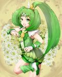  besi323 bike_shorts boots choker cure_march dress flower green green_dress green_eyes green_hair highres long_hair magical_girl midorikawa_nao open_mouth ponytail precure shorts_under_skirt skirt smile smile_precure! solo tiara tri_tails very_long_hair wrist_cuffs yellow_background 