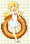  blonde_hair doughnut dress long_hair monogatari_(series) nisemonogatari oshino_shinobu rikuo_(artist) sandals yellow_eyes 