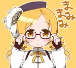  blonde_hair drill_hair fingerless_gloves glasses gloves hair_ornament hat mahou_shoujo_madoka_magica megahomu simple_background solo tomoe_mami translated translation_request twin_drills yellow_background yellow_eyes 