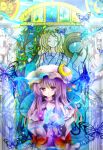  azumamutuki bad_id breasts butterfly cleavage crescent dress hat highres long_hair magic magic_circle patchouli_knowledge purple_dress purple_eyes purple_hair solo touhou violet_eyes 