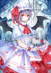  ascot bad_id bat_wings brooch colored_eyelashes dress hat highres jewelry purple_hair red_eyes remilia_scarlet short_hair smile solo stari touhou wings wrist_cuffs 
