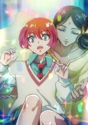  1girl amate_yuzuriha aqua_eyes aqua_shirt aqua_skirt bindi black_hair breasts closed_eyes closed_mouth dark-skinned_female dark_skin double_bun dress gundam gundam_gquuuuuux hair_bun highres lalah_sune long_sleeves looking_at_viewer mobile_suit_gundam necktie open_mouth red_hair school_uniform shirt short_hair skirt smile sweater tsubaki_pbwfa 