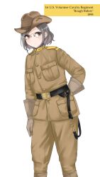  1girl absurdres belt belt_buckle black_belt brown_eyes brown_gloves brown_jacket brown_pants buckle buttons campaign_hat closed_mouth commentary_request english_text glasses gloves grey_hair hat highres jacket jouji_(george_sakura) long_sleeves looking_at_viewer military_rank_insignia military_uniform pants pince-nez real_life short_hair simple_background solo spanish-american_war standing theodore_roosevelt white_background 