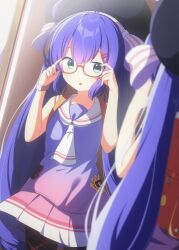  1girl absurdres adjusting_eyewear ahoge aqua_eyes ascot backpack bag black_hat bloom blue_dress blue_hair blunt_bangs blurry blurry_foreground braid brown_bag chaakusu commentary_request cowboy_shot crime_prevention_buzzer dress dutch_angle glasses gradient_clothes gradient_dress hair_between_eyes hair_ornament hairclip hat hat_ribbon highres indoors large_hat long_hair looking_at_mirror low-braided_long_hair low-tied_long_hair mirror mirror_image multicolored_dress open_mouth otomachi_una otomachi_una_(talkex) pantyhose pink_dress plaid_clothes plaid_pantyhose pleated_dress randoseru red-framed_eyewear ribbon sailor_collar sailor_dress semi-rimless_eyewear sleeveless sleeveless_dress solo standing striped_ribbon talkex twintails under-rim_eyewear very_long_hair voiceroid watch watch white_ascot white_ribbon white_sailor_collar 