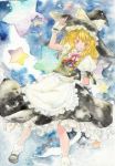  :d blonde_hair bow braid dress fingerless_gloves gloves hat hat_bow kirisame_marisa long_hair open_mouth single_braid smile solo star touhou traditional_media tugumi0w0 watercolor_(medium) witch witch_hat yellow_eyes 
