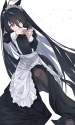  1girl ahoge aiming alternate_costume animal_ears black_hair ci4 commentary_request earrings enmaided gun hair_between_eyes handgun highres holding holding_gun holding_weapon horse_ears horse_girl horse_tail jewelry ligne_claire long_bangs long_hair long_sleeves maid maid_headdress manhattan_cafe_(umamusume) multicolored_hair single_earring skirt solo tail umamusume weapon white_hair yellow_eyes 