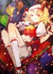 :q ascot blonde_hair blood bloomers chinese_lantern flandre_scarlet gloves hat kneehighs licking_lips light_particles mary_janes midriff red_eyes shoes short_hair side_ponytail siting_zeng smile solo the_embodiment_of_scarlet_devil tongue touhou white_gloves white_legwear wings 