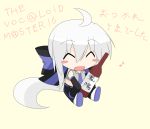  ^_^ arffim426 blush blush_stickers bottle bow chibi closed_eyes convention_greeting detached_sleeves eyes_closed hair_bow highres long_hair necktie open_mouth ponytail sitting smile solo translated very_long_hair vocaloid voyakiloid white_hair yowane_haku 