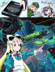  3girls @_@ araga_kiwi black_hair blonde_hair cannon crossover david_hrusa highres hiiragi_utena leoparde_(mahou_shoujo_ni_akogarete) magia_baiser magical_girl mahou_shoujo_ni_akogarete morino_korisu multiple_girls necron nero_alice pointing red_eyes robot warhammer_40k white_hair 