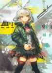 black_legwear blouse bow dagger grey_hair hair_bow highres jacket lm7_(op-center) looking_at_viewer open_clothes open_jacket original polka_dot popped_collar skirt thigh-highs thighhighs weapon yellow_eyes 