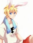  alternate_costume animal_ears bad_id blonde_hair blue_eyes bunny_ears flynn_scifo male shirt shorts sitting smile solo tales_of_(series) tales_of_vesperia white_background yuna_(artist) 