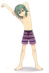  1boy armpits arms_up barefoot inazuma_eleven_(series) inazuma_eleven_go kariya_masaki looking_at_viewer male_focus navel nipples riho shirtless simple_background smile solo standing stretch swim_trunks white_background 