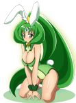  animal_ears bare_shoulders barefoot blush breasts bunny_tail bunnysuit cleavage cure_march detached_collar green green_eyes green_hair kneeling large_breasts midorikawa_nao ponytail precure smile_precure! tail tiara tri_tails white_background wrist_cuffs yuzumiya_mono 