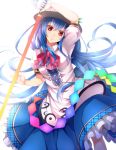  blue_hair dabadhi dress hat highres hinanawi_tenshi long_hair parted_lips red_eyes solo sword_of_hisou touhou very_long_hair white_background 