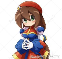  1girl beret blush brown_hair closed_mouth green_eyes hair_between_eyes hat iris_(mega_man) long_hair looking_at_viewer mega_man_(series) mega_man_x4 mega_man_x_(series) red_hat solo steepled_fingers twitter_username very_long_hair wuh9p7bltjdctiy 