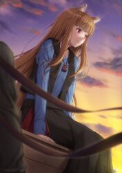  1boy 1girl animal_ear_fluff animal_ears black_skirt black_vest blue_shirt brown_hair closed_mouth craft_lawrence evening holo long_hair long_sleeves miyai_sen outdoors red_eyes shirt sitting skirt smile solo solo_focus spice_and_wolf vest wolf_ears wolf_girl 