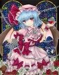  blue_hair chain chains chirori dress flower glass hat red_eyes red_rose remilia_scarlet rose shikishi short_hair touhou traditional_media white_rose wings wrist_cuffs 