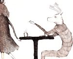  1girl antlers black_hair coffee cup dress formal monochrome mug original prosthesis reindeer sitting steam suit table traditional_media white_background yonezu_kenshi 