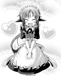  andou_mahoro apron ascot blush brooch closed_eyes eyes_closed heart ichimi jewelry mahoromatic maid maid_headdress monochrome open_mouth smile solo twintails v_arms 